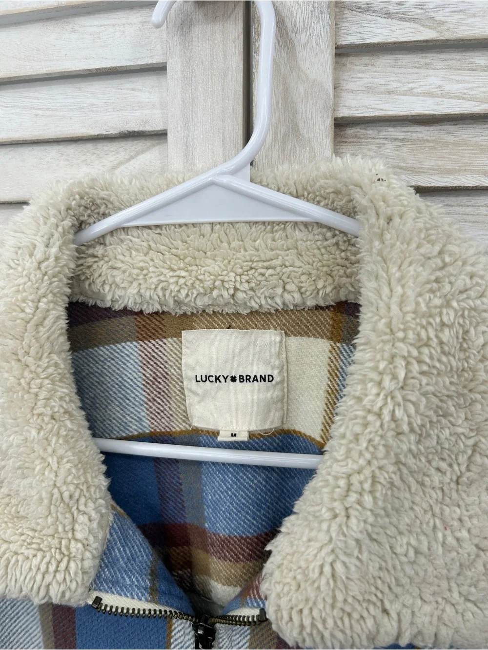 Lucky Brand Blue Plaid Sherpa Collar Zip Jacket Size Medium